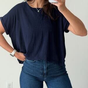 Autumn Cashmere Top Medium Navy Lagenlook Crop Lightweight Sweater Quiet Luxury